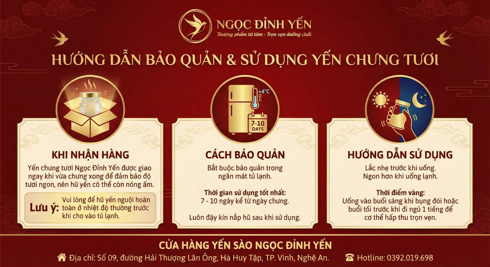 Poster hướng dẫn bảo quản và sử dụng yến chưng tươi Ngọc Đỉnh Yến